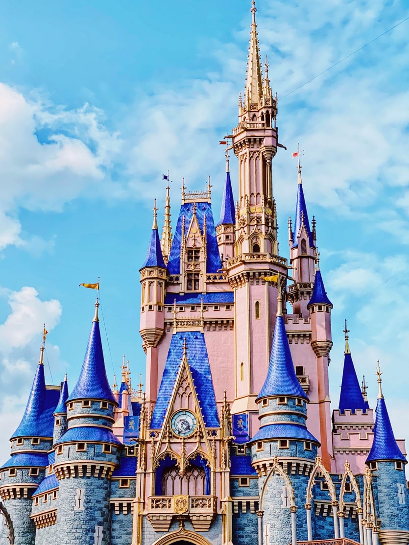 A picture of a castle with blue and pink turrets